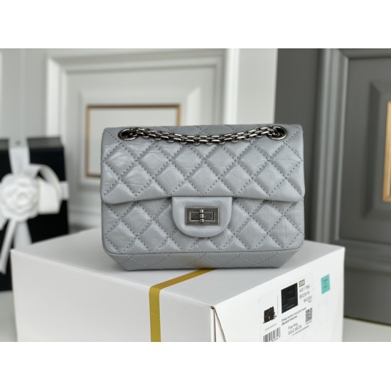 Chanel Classic Flap Bag in 2.55 Puffy Calfskin, Gray with Silver Hardware, Small 20cm.