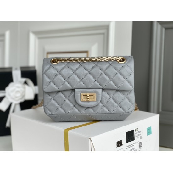 Chanel Classic Flap Bag in 2.55 Puffy Calfskin, Gray with Gold Hardware, Small 20cm.