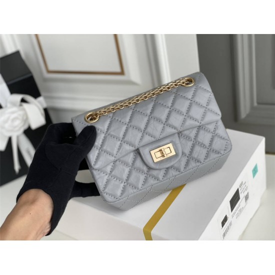 Chanel Classic Flap Bag in 2.55 Puffy Calfskin, Gray with Gold Hardware, Small 20cm.