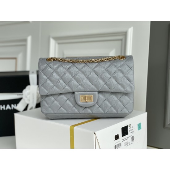 Chanel Classic Flap Bag in 2.55 Puffy Calfskin, Gray with Gold Hardware, Medium 24cm.