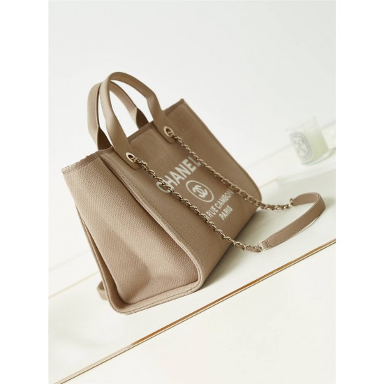 Chanel Beach Bag in Camel Color with White Letters, 33cm.