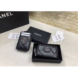 Chanel 19 Wallet/Card Holder in Black with Silver Hardware, Lambskin Leather, 11x8cm.