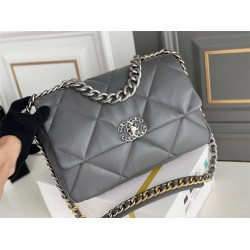 Chanel 19 Bag 22S in Gray with Silver Hardware, Medium 30, Lambskin Leather, Hass Factory Leather, 30x20x10cm.