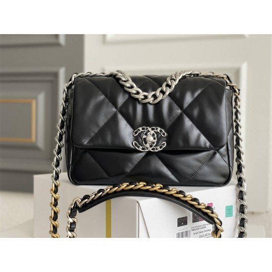 Chanel 19 Bag 22S in Black with Silver Hardware, Small 26, Lambskin Leather, Hass Factory Leather, 26x16x9cm.