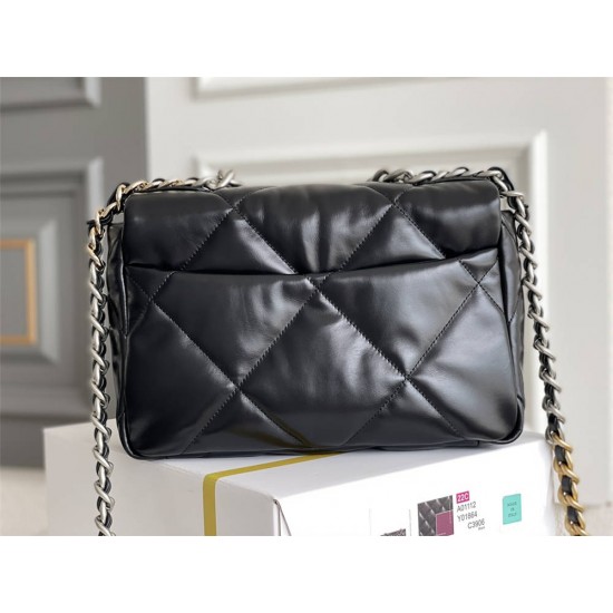 Chanel 19 Bag 22S in Black with Silver Hardware, Small 26, Lambskin Leather, Hass Factory Leather, 26x16x9cm.