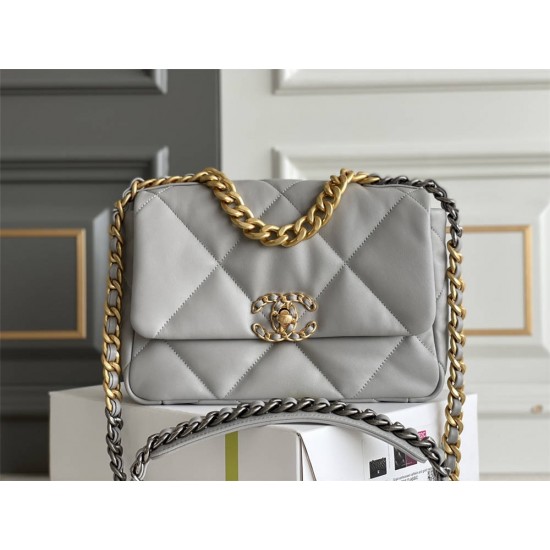 Chanel 19 Bag in Gray with Gold Hardware, Small 26, Lambskin Leather, Hass Factory Leather, 26x16x9cm.