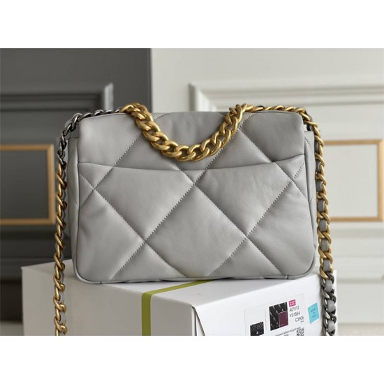 Chanel 19 Bag in Gray with Gold Hardware, Small 26, Lambskin Leather, Hass Factory Leather, 26x16x9cm.