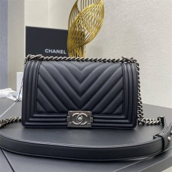 Chanel Le Boy Bag, Medium 25, Calfskin Leather, Vertical Quilted, Black with Silver Hardware, 25cm.