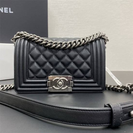 Chanel Le Boy Bag, Small 20, Calfskin Leather, Black with Silver Hardware, 20cm.