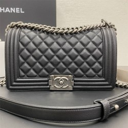 Chanel Le Boy Bag, Medium 25, Calfskin Leather, Black with Silver Hardware, 25cm.