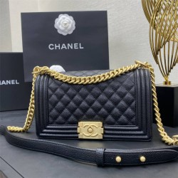 Chanel Le Boy Bag, Medium 25, Caviar Leather, Black with Gold Hardware, 25cm.