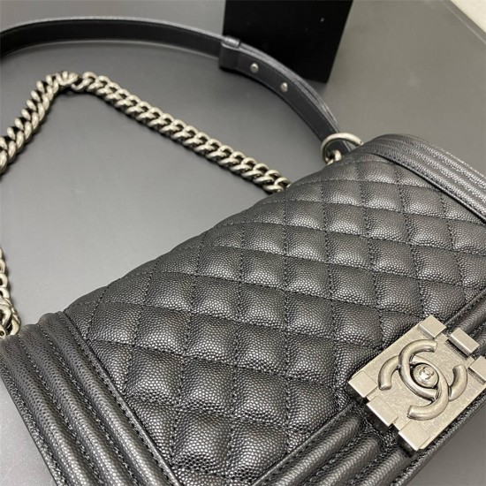 Chanel Le Boy Bag, Medium 25, Caviar Leather, Black with Silver Hardware, 25cm.