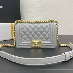 Chanel Le Boy Bag, Small 20, Caviar Leather, Gray with Gold Hardware, 20cm.