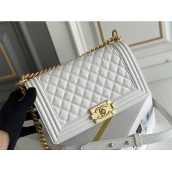 Chanel Le Boy Bag, Medium 25, Caviar Leather, White with Gold Hardware, 25cm.