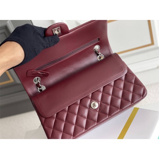 Chanel Classic Flap bag Medium 25 Burgundy Silver Hardware Lambskin Hass Factory leather 25x16x7cm