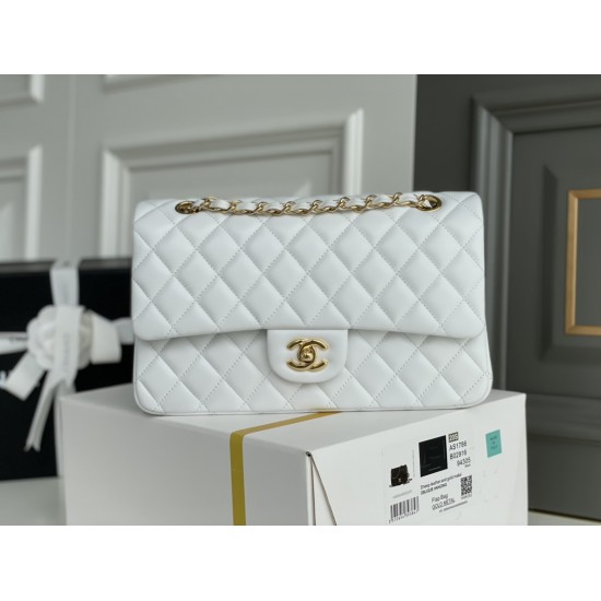 Chanel Classic Flap bag Medium 25 White Gold Hardware Lambskin Hass Factory leather 25x16x7cm