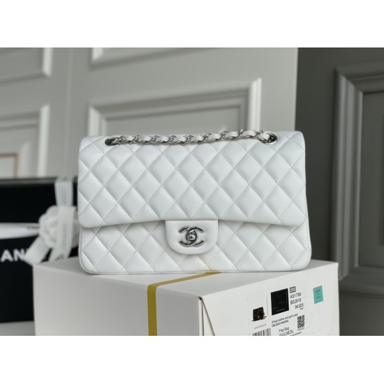 Chanel Classic Flap bag Medium 25 White Silver Hardware Lambskin Hass Factory leather 25x16x7cm