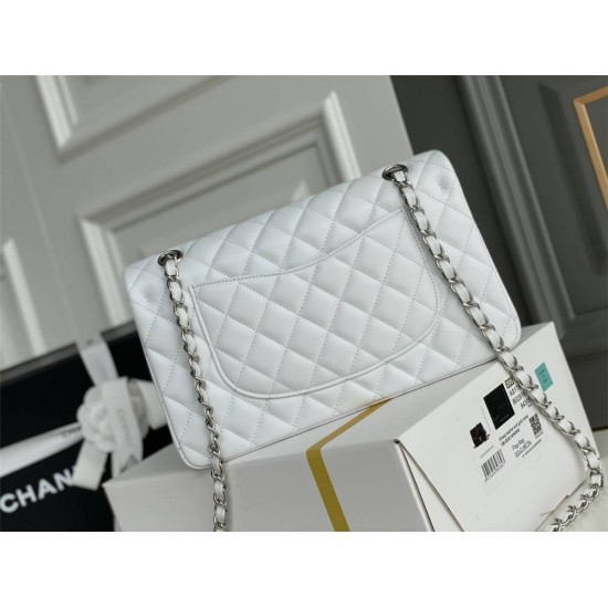 Chanel Classic Flap bag Medium 25 White Silver Hardware Lambskin Hass Factory leather 25x16x7cm