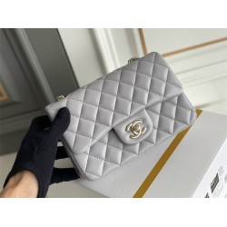 Chanel Classic Flap bag Mini 20 Grey Champagne Gold Hardware Lambskin Hass Factory leather 13x20x6cm