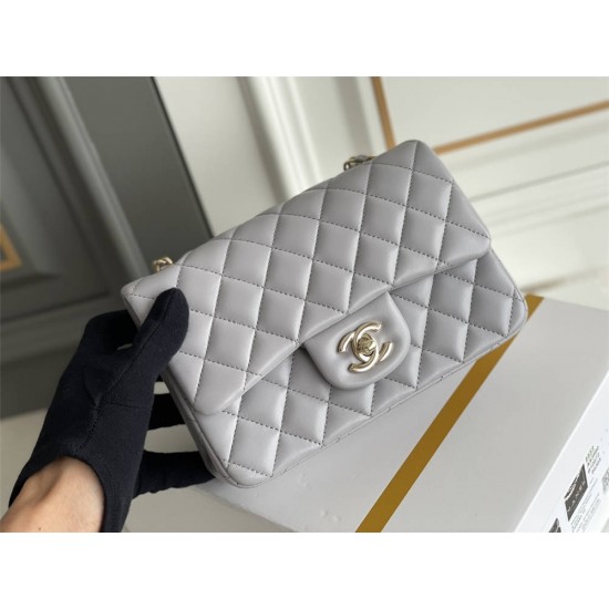 Chanel Classic Flap bag Mini 20 Grey Champagne Gold Hardware Lambskin Hass Factory leather 13x20x6cm