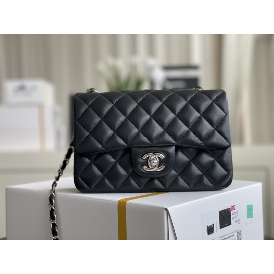 Chanel Classic Flap bag Mini 20 Black Silver Hardware Lambskin Hass Factory leather 13x20x6cm