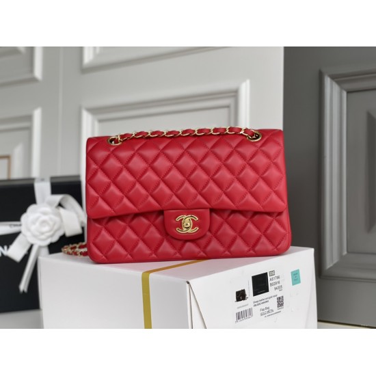 Chanel Classic Flap bag Medium 25 Red Gold Hardware Lambskin Hass Factory leather 25x16x7cm