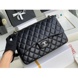 Chanel Classic Flap bag Jumbo 30 Black Silver Hardware Lambskin Hass Factory leather 20x30x10cm