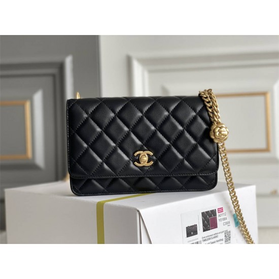 Chanel WOC Black Gold Hardware Camellia Clasp Lambskin Hass Factory leather 12x19x3.5cm