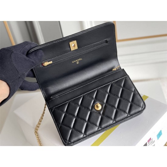 Chanel WOC Black Gold Hardware Camellia Clasp Lambskin Hass Factory leather 12x19x3.5cm