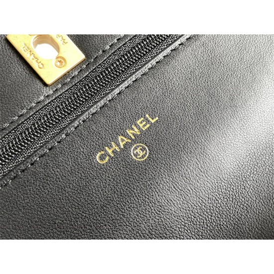 Chanel WOC Black Gold Hardware Camellia Clasp Lambskin Hass Factory leather 12x19x3.5cm