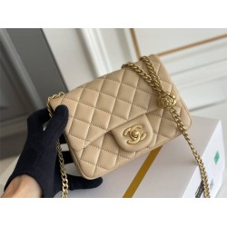 Chanel Classic Flap bag Mini 17 Apricot Gold Hardware Camellia Clasp Lambskin Hass Factory leather 14x17x8cm