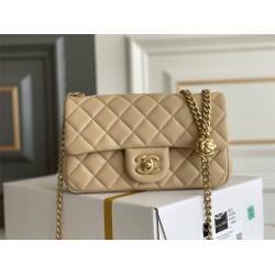 Chanel Classic Flap bag Mini 20 Apricot Gold Hardware Camellia Clasp Lambskin Hass Factory leather 13x20x6cm