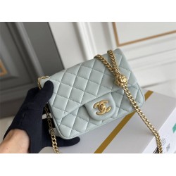 Chanel Classic Flap bag Mini 17 Light Blue Gold Hardware Camellia Clasp Lambskin Hass Factory leather 14x17x8cm