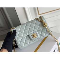 Chanel Classic Flap bag Mini 20 Light Blue Gold Hardware Camellia Clasp Lambskin Hass Factory leather 13x20x6cm