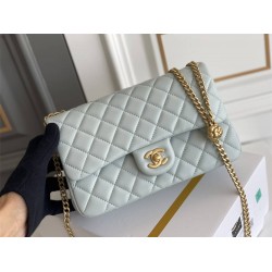 Chanel Classic Flap bag Small 23 Light Blue Gold Hardware Camellia Clasp Lambskin Hass Factory leather 15x23x6cm