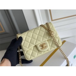 Chanel Classic Flap bag Mini 17 Light Yellow Gold Hardware Camellia Clasp Lambskin Hass Factory leather 14x17x8cm