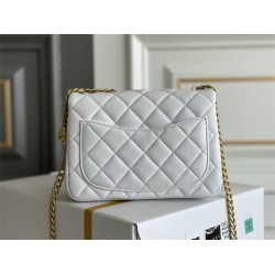 Chanel Classic Flap bag Mini 17 White Gold Hardware Camellia Clasp Lambskin Hass Factory leather 14x17x8cm