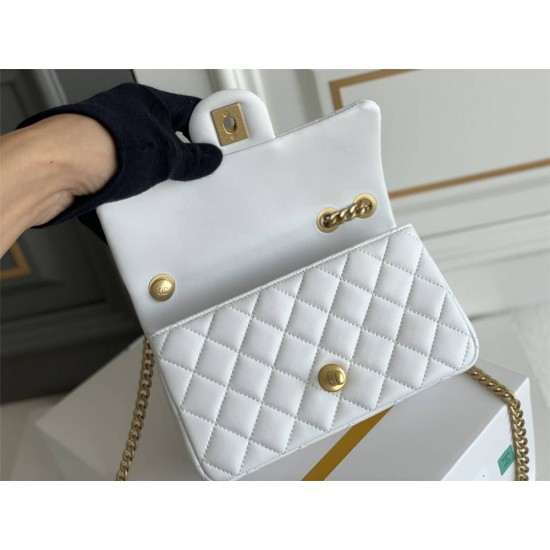 Chanel Classic Flap bag Mini 20 White Gold Hardware Camellia Clasp Lambskin Hass Factory leather 13x20x6cm