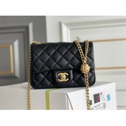 Chanel Classic Flap bag Mini 17 Black Gold Hardware Camellia Clasp Lambskin Hass Factory leather 14x17x8cm