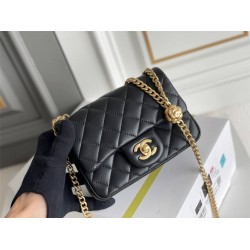 Chanel Classic Flap bag Mini 17 Black Gold Hardware Camellia Clasp Lambskin Hass Factory leather 14x17x8cm