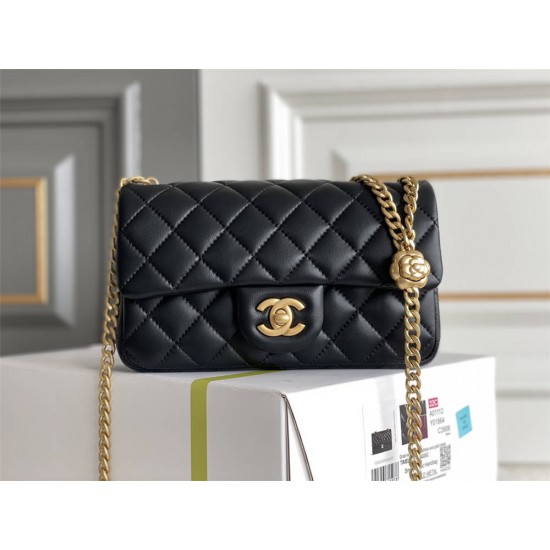 Chanel Classic Flap bag Mini 20 Black Gold Hardware Camellia Clasp Lambskin Hass Factory leather 13x20x6cm