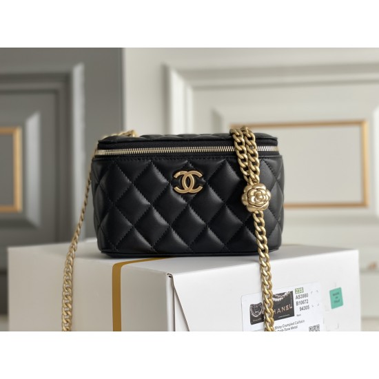 Chanel Long Box Makeup Bag Vanity Box Black Gold Hardware Lambskin Hass Factory leather 10x17x8cm