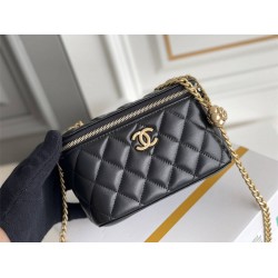 Chanel Long Box Makeup Bag Vanity Box Black Gold Hardware Lambskin Hass Factory leather 10x17x8cm