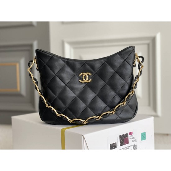 Chanel 22K Hobo Black Gold Hardware Medium 24 Lambskin Hass Factory leather 18x24x6cm