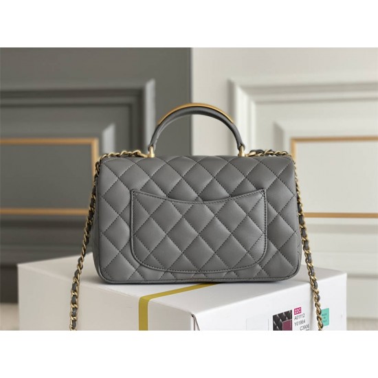 Chanel 22B Classic Flap bag Mini 20 with Handle Gray Gold Hardware Lambskin Hass Factory leather 12x20x6cm