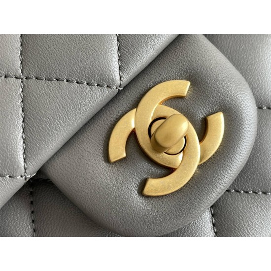 Chanel 22B Classic Flap bag Mini 20 with Handle Gray Gold Hardware Lambskin Hass Factory leather 12x20x6cm