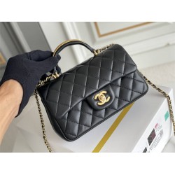 Chanel 22B Classic Flap bag Mini 20 with Handle Black Gold Hardware Lambskin Hass Factory leather 12x20x6cm