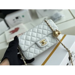 Chanel 22C Classic Flap bag Mini 20 Gold Ball White Gold Hardware Lambskin Hass Factory leather 13x20x7cm