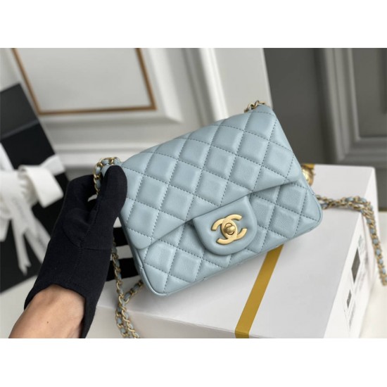 Chanel 22C Classic Flap bag Mini 18 Gold Ball Light Blue Gold Hardware Lambskin Hass Factory leather 13x18x7cm