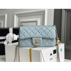 Chanel 22C Classic Flap bag Mini 20 Gold Ball Light Blue Gold Hardware Lambskin Hass Factory leather 13x20x7cm